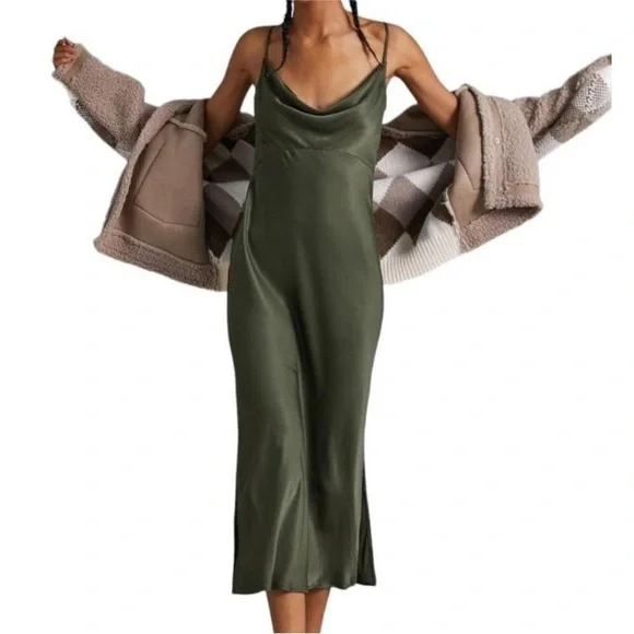 NWOT Anthropologie Elyse Cowl Neck Slip Dress in Moss Green Size XS - Picture 2 of 6